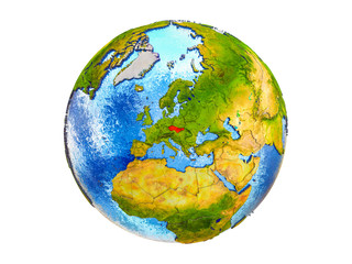 Former Czechoslovakia on 3D model of Earth with country borders and water in oceans. 3D illustration isolated on white background.