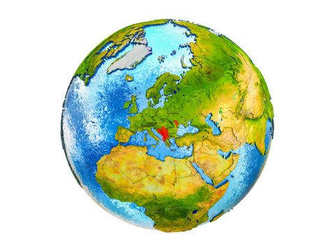 CEFTA countries on 3D model of Earth with country borders and water in oceans. 3D illustration isolated on white background.