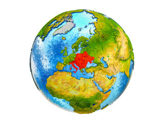 CEI countries on 3D model of Earth with country borders and water in oceans. 3D illustration isolated on white background.