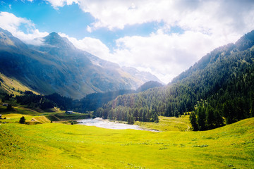 Fototapeta na wymiar Great views of the hills at sunny day. Location place Maloja pass Swiss Alps, Switzerland.
