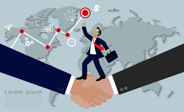 concept of handshake of businessmen to succeed quickly. and achieve the goal of the highest financial graph. teamwork banner  map icon. Creative idea and cartoon vector illustrations