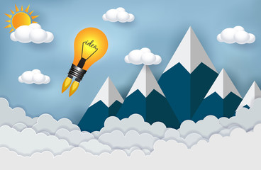 lamps launch to the sky. Cloud Mountain. start up business concept ,Financial ideas are competing for success and corporate goals.  cartoon vector illustration paper art