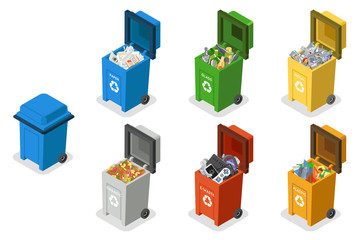 Garbage cans trash separation recycling isolated isometric 3d flat design icons set vector illustration