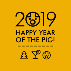 2019 new year yellow pig, congratulations, pictograms on yellow background, illustration, vector