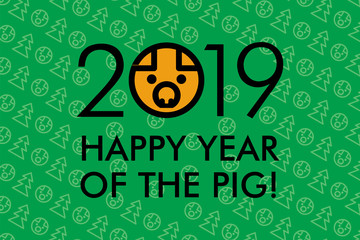 2019 New year pig, yellow pig's head on green background, pictograms, illustration, vector