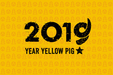2019 new year yellow pig, pigtail, postcard, thrash font, icons on yellow background, illustration, vector