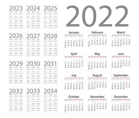 Simple calendar 2022 on white background. Vector illustration