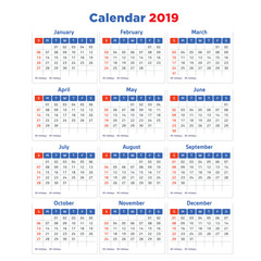 Illustration of calendar template of the year 2019. Ideal for graphic materials, calendars and gifts