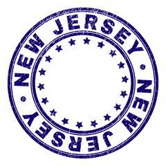 NEW JERSEY stamp seal imprint with grunge texture. Designed with circles and stars. Blue vector rubber print of NEW JERSEY caption with grunge texture.