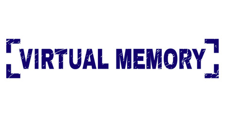 VIRTUAL MEMORY text seal imprint with grunge texture. Text caption is placed between corners. Blue vector rubber print of VIRTUAL MEMORY with dirty texture.