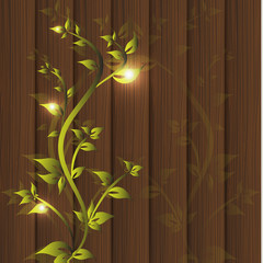 Wood texture background with green leaves. Vector illustration.