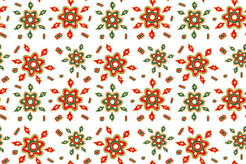 Hand rawn Christmas vector seamless pattern gold, red, green and white snowflake on a white background  for bedding, textile, wallpaper, wrapping, cover page, web site, card, carton.