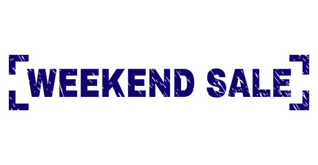 WEEKEND SALE title seal print with corroded style. Text title is placed between corners. Blue vector rubber print of WEEKEND SALE with retro texture.