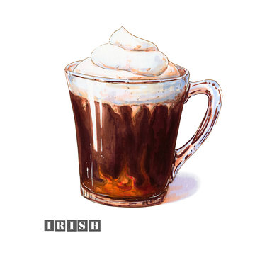 Illustration of irish coffee with whipped cream and alcoholic liquor in a glass cup. Colorful sketch of tasty sweet, strong coffee drink. Drawn by professional markers.