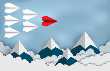 Fototapeta na wymiar Red Paper Aircraft Leader, business leadership concept. Modern ideas creativity. illustration of nature landscape sky with cloud and mountain. paper art