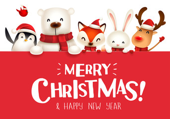 Fototapeta na wymiar Merry Christmas! Christmas cute animals character with big signboard.