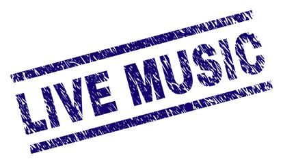 LIVE MUSIC seal imprint with grunge style. Blue vector rubber print of LIVE MUSIC label with dust texture. Text label is placed between parallel lines.