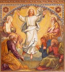 PRAGUE, CZECH REPUBLIC - OCTOBER 13, 2018:  The fresco of Transfiguration of the Lord in church kostel Svatého Václava by S. G. Rudl (1900).