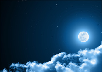 Mystical Night sky background with full moon, clouds and stars. Moonlight night with copy space for winter background