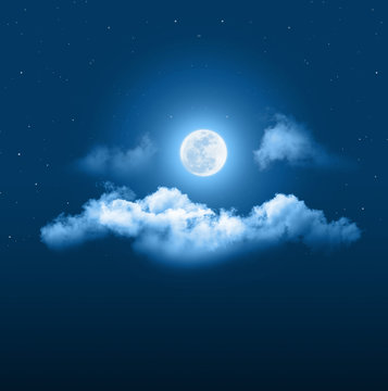 Mystical Night Sky Background With Full Moon, Clouds And Stars. Moonlight Night With Copy Space For Winter Background