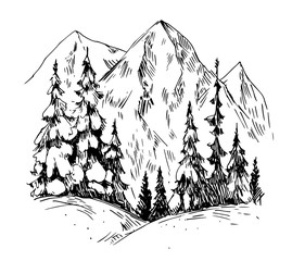 Naklejka premium Winter background with mountains, snow and trees. Hand drawn illustration converted to vector.