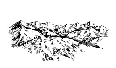 Fototapeta premium Winter background with mountains, snow and trees. Hand drawn illustration converted to vector.