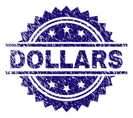 DOLLARS stamp seal watermark with distress style. Blue vector rubber print of DOLLARS label with grunge texture.