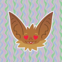 Halloween Bat smiley head with hearts in eyes. In love. Vector illustration of bat-eared brown snout shows enamored emotion. Amorous emoji. Halloween decoration, print, sticker, chat, communication