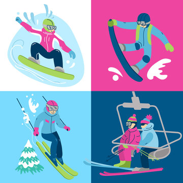 vector illustration winter activities. hello winter