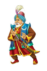 cartoon scene with arabian knight or prince with sword on white background - illustration for children