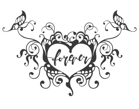 forever hand drawn lettering in heart frame with butterfly, vector illustration