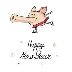 Cute doodle christmas figure skating piggy. Symbol of 2019 year. Winter holidays. Christmas and new year calligraphy. Hand written modern brush lettering. Hand drawn design elements. Festive card.