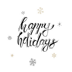 Christmas black calligraphy. Happy holidays greeting text with snowflakes. Hand written modern brush lettering with decorative snowflakes. Hand drawn design elements. Festive sign card.