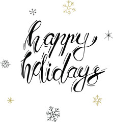 Christmas black calligraphy. Happy holidays greeting text with snowflakes. Hand written modern brush lettering with decorative snowflakes. Hand drawn design elements. Festive sign card.
