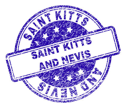 SAINT KITTS AND NEVIS stamp seal imprint with grunge texture. Designed with rounded rectangles and circles. Blue vector rubber print of SAINT KITTS AND NEVIS title with corroded texture.