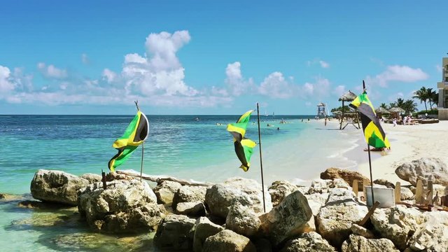 Aerial footage of a wonderful white sandy beach on the tropical caribbean island Jamaica