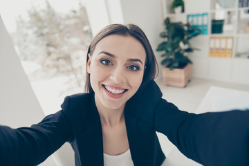 Close up photo of attractive dreamy carefree careless lady with 