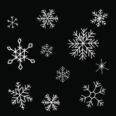 Collection ofchristmas snowflakes on black backdrop, modern flat design. Can be used for printed materials.  Winter holiday background. Hand drawn design elements. Festive stickers card. - 234928982