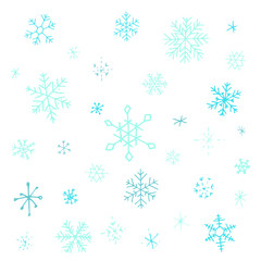 Collection of blue christmas snowflakes, modern flat design. Can be used for printed materials.  Winter holiday background. Hand drawn design elements. Festive stickers card.
