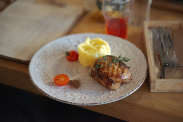 Beef steak with mashed potatoes