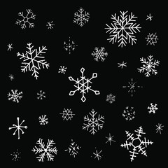 Collection of Christmas snowflakes on black backdrop, modern flat design. Can be used for printed materials.  Winter holiday background. Hand drawn design elements. Festive stickers card. - 234929363