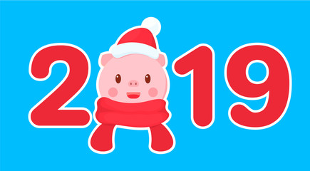 Happy chinese new year 2019. Zodiac sign. Cute cartoon greeting card.