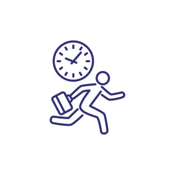 End Of Office Day Line Icon. Clock And Running Man With Suitcase. Time Concept. Can Be Used For Topics Like Schedule, Business, Deadline