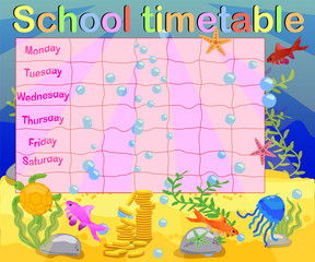 School timetable with marine themes, table, underwater world