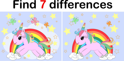 Find the difference the two funy little Unicorn. Children riddle entertainment. Sheet different toys construction equipment. Game tasks for attention. Mathematical exercise.