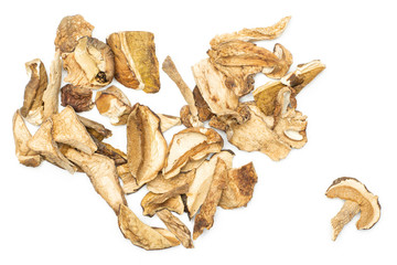 Lot of slices of dry brown mushroom boletus edulis variety heart like flatlay isolated on white...