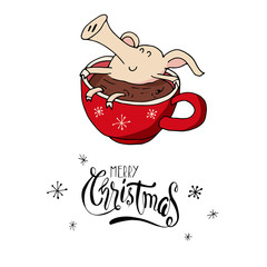 Cute christmas happy piggy in hot chocolate. Symbol of 2019 year. Winter holidays. Christmas and new year calligraphy. Hand written modern brush lettering. Hand drawn design elements. Festive card.