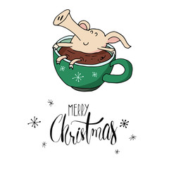 Cute christmas happy piggy in hot chocolate. Symbol of 2019 year. Winter holidays. Christmas and new year calligraphy. Hand written modern brush lettering. Hand drawn design elements. Festive card.