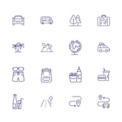 Journey and trip icons. Set of line icons. Snack, route, transportation. Adventure concept. Vector illustration can be used for topics like hiking, travel, vacation