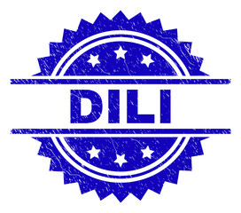 DILI stamp seal watermark with distress style. Blue vector rubber print of DILI tag with dust texture.
